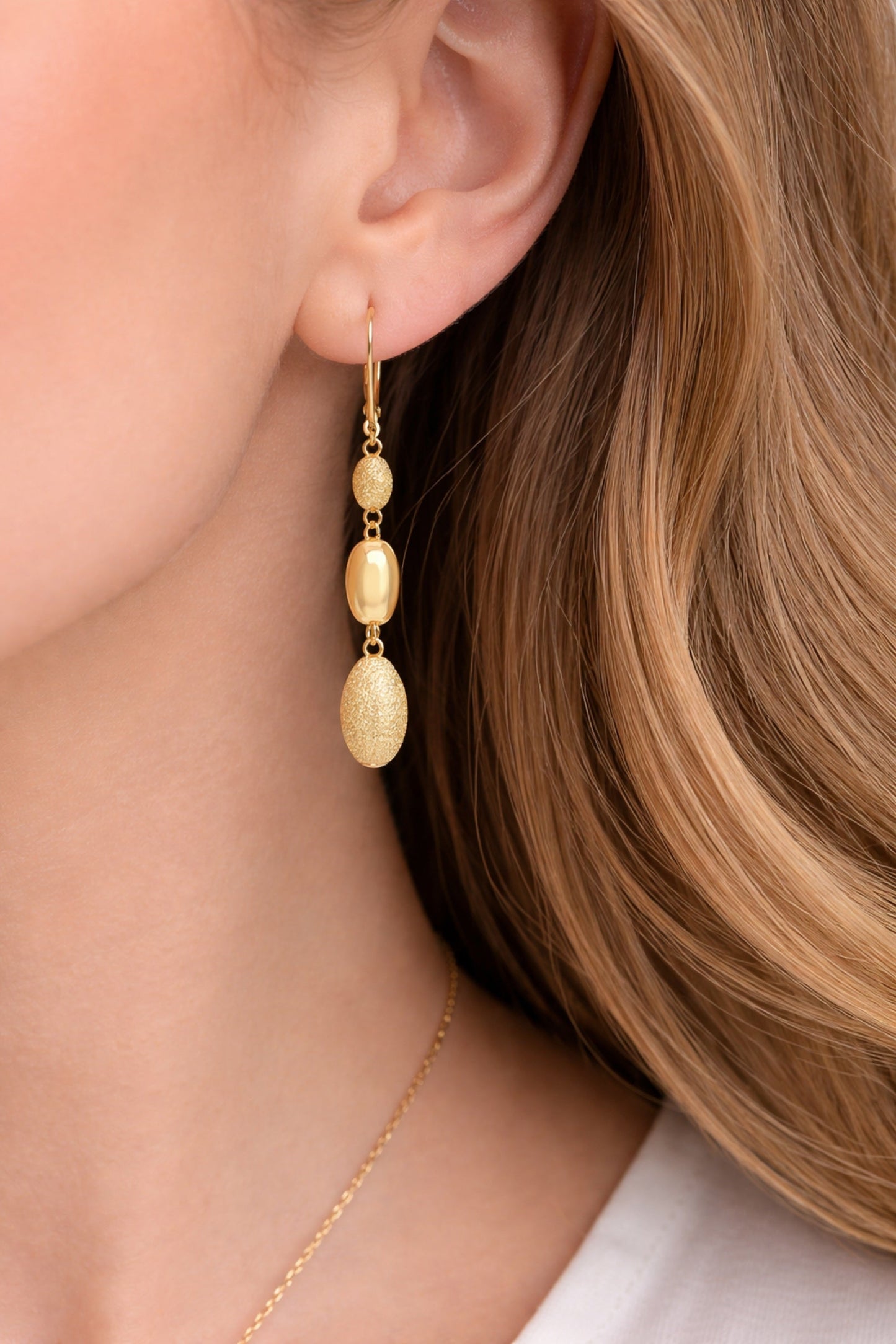 14K Yellow Gold Elongated Drop Earrings – detail view | RockHer