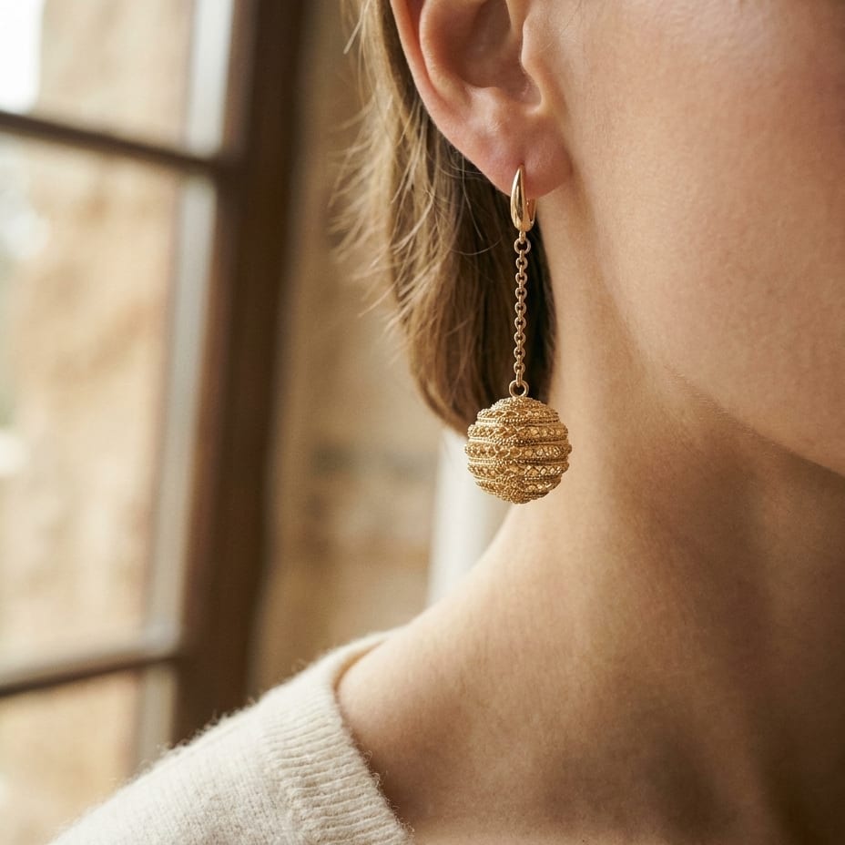 14K Two-Tone Gold Modern Drop Earrings, worn close-up portrait