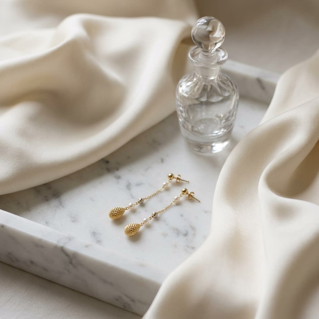 14K Tri-Color Gold Drop Earrings, on marble vanity tray with silk