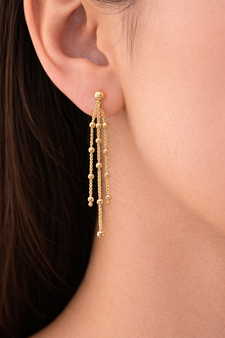 14K Yellow Gold Multi-Strand Beaded Drop Earrings – detail view | RockHer