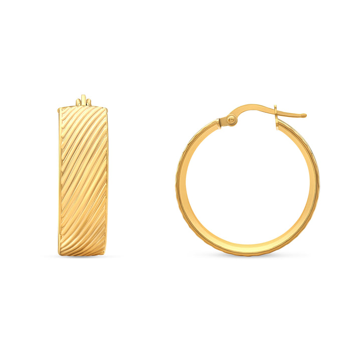 14K Yellow Gold Striped Hoop Earrings – side profile | RockHer