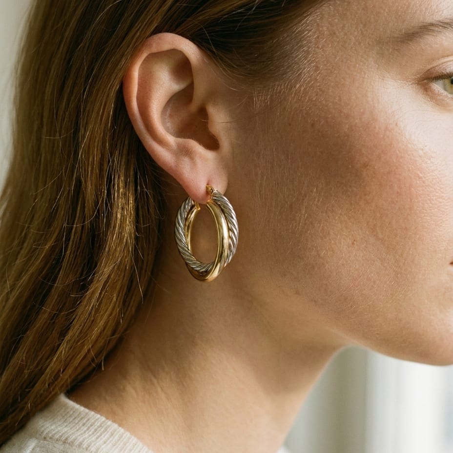 14K Two-Tone Gold Ribbed Hoop Earrings, worn close-up portrait