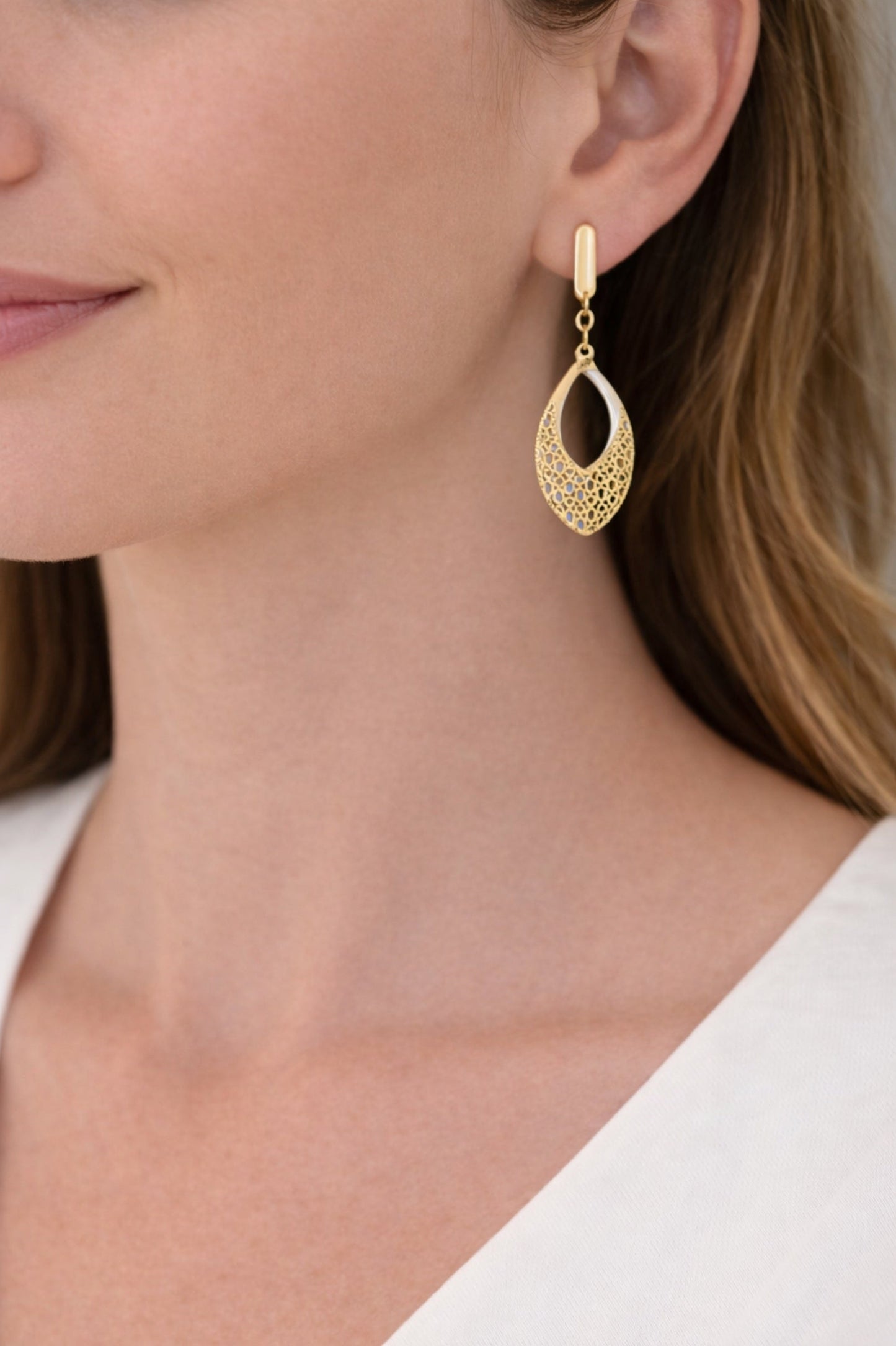 14K Two-Tone Gold Twisted Oval Drop Earrings – detail view | RockHer