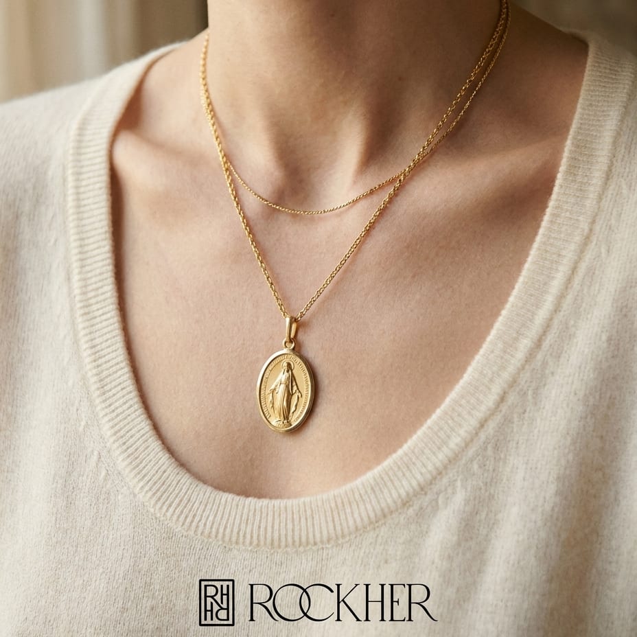 14K Yellow Gold Oval Virgin Mary Medal Necklace, 17 Inch, worn close-up portrait