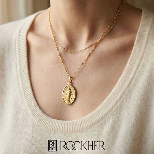 14K Yellow Gold Oval Virgin Mary Medal Necklace, 17 Inch, worn close-up portrait