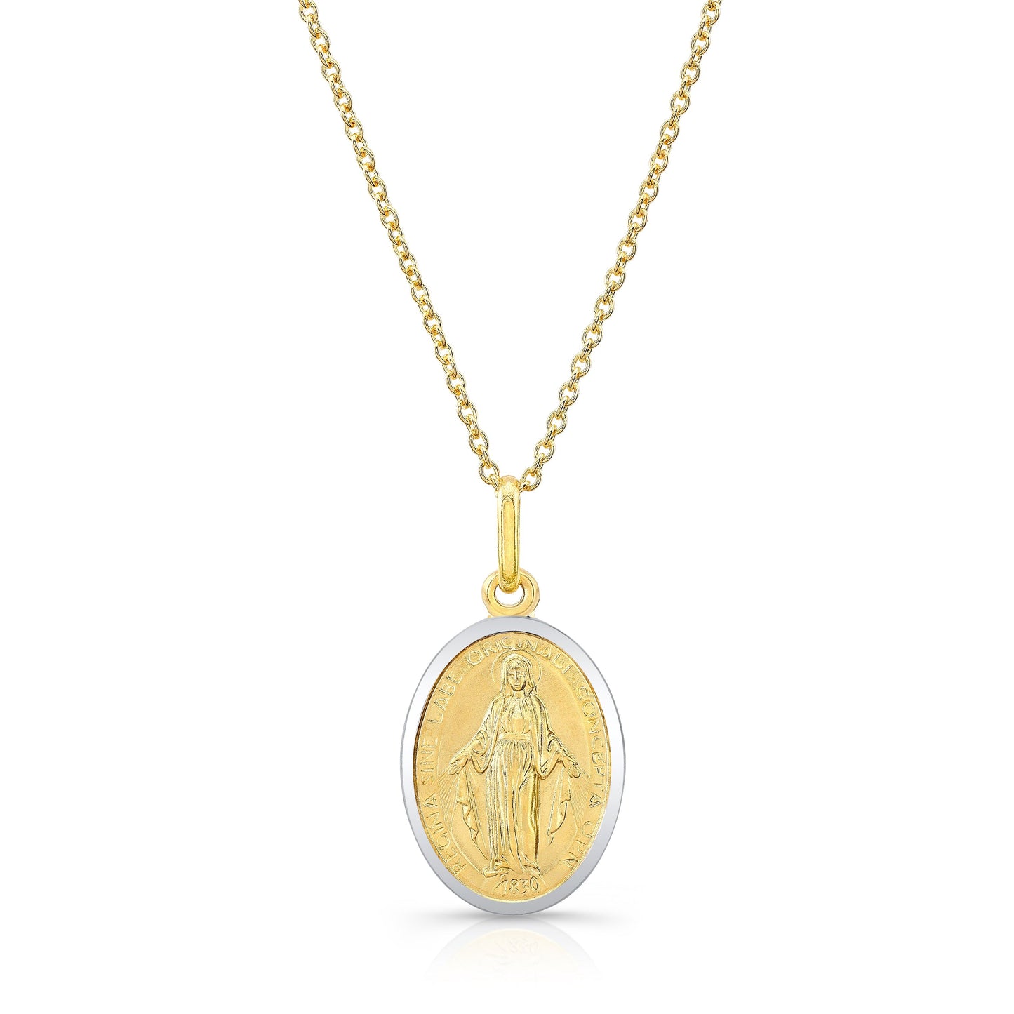 14K Yellow Gold Oval Virgin Mary Medal Necklace, 17 Inch – side profile | RockHer