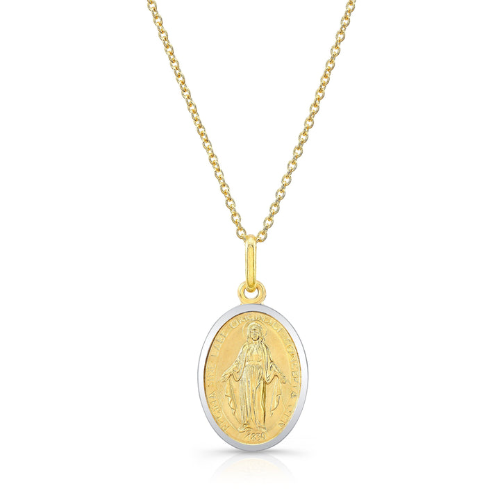 14K Yellow Gold Oval Virgin Mary Medal Necklace, 17 Inch – side profile | RockHer