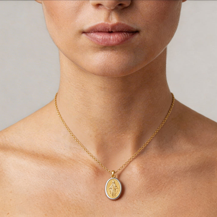 14K Yellow Gold Oval Virgin Mary Medal Necklace, 17 Inch – detail view | RockHer