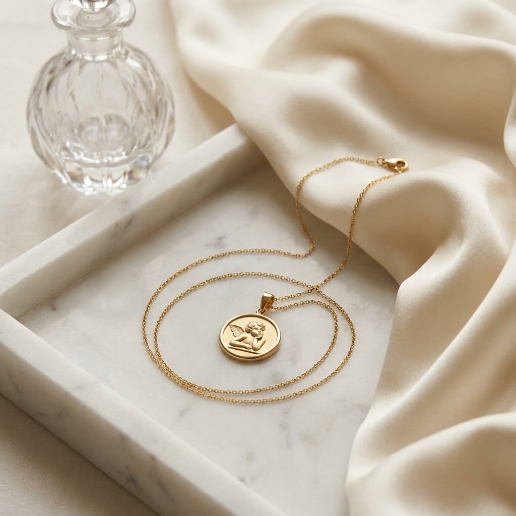 14K Yellow Gold Angel Medal Necklace, 17 Inch, on marble vanity tray with silk