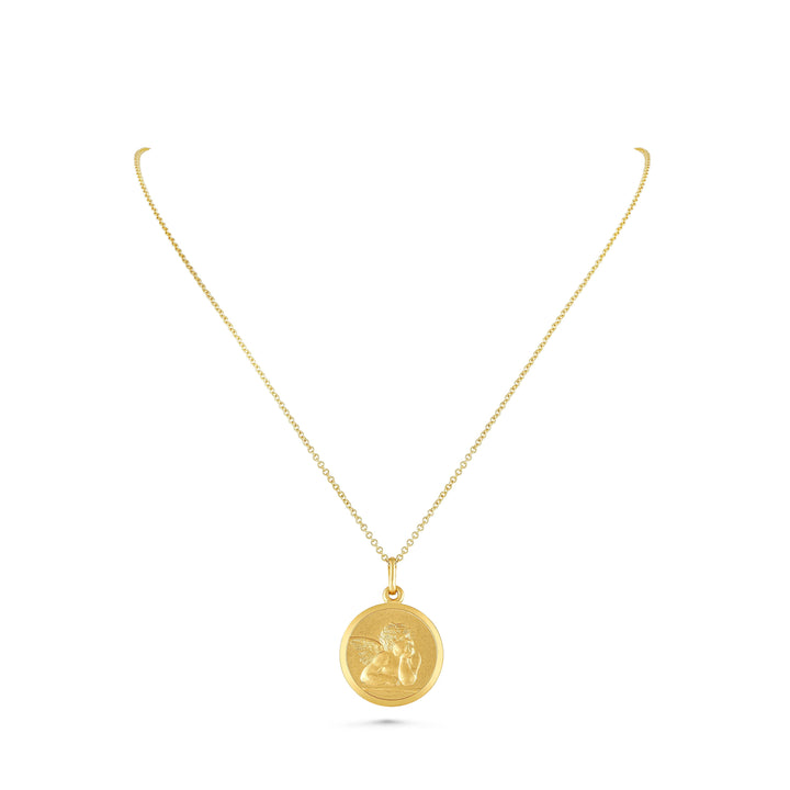 14K Yellow Gold Angel Medal Necklace, 17 Inch – side profile | RockHer
