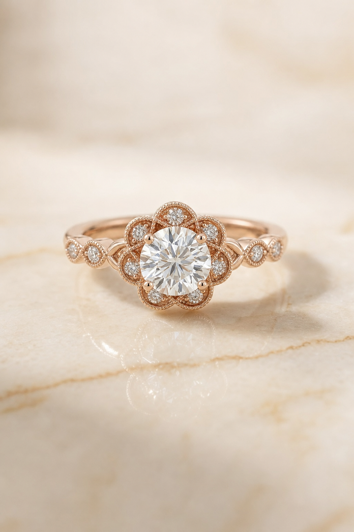 ตัวเรือนแหวนหมั้นเพชร Linda ทรงกลม ฝังปาเว่ ทองคำชมพู 14K จาก RockHer