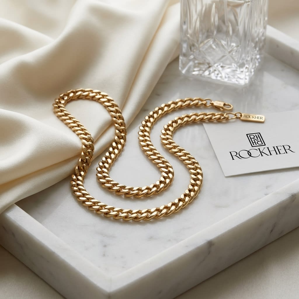 18K Yellow Gold Flat Curb Chain Necklace, 18 Inch, on marble vanity tray with silk