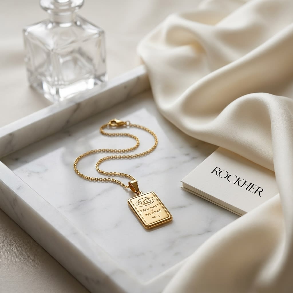 18K Yellow Gold Chain with 1 Gram Gold Bar Pendant, 18 Inch, on marble vanity tray with silk