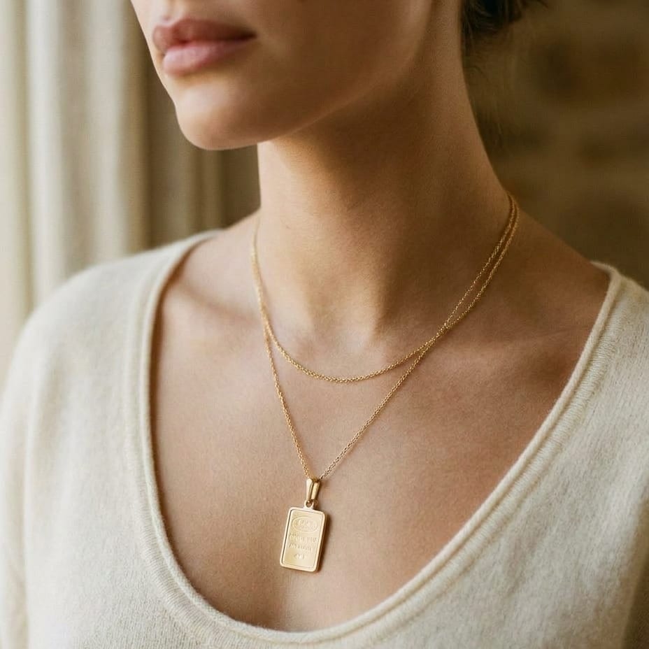 18K Yellow Gold Chain with 1 Gram Gold Bar Pendant, 18 Inch, worn close-up portrait