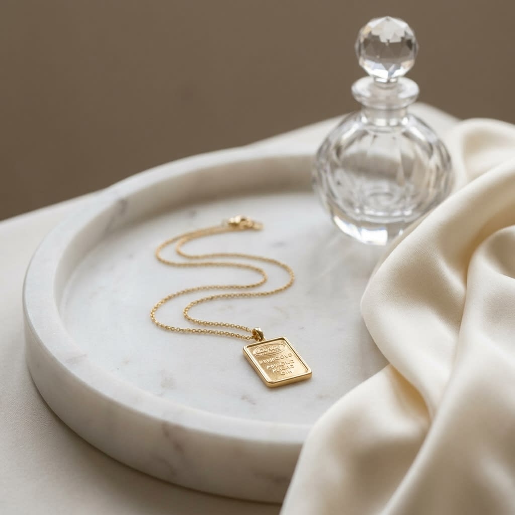 18K Yellow Gold Chain with 5 Gram Gold Bar Pendant, 18 Inch, on marble vanity tray with silk