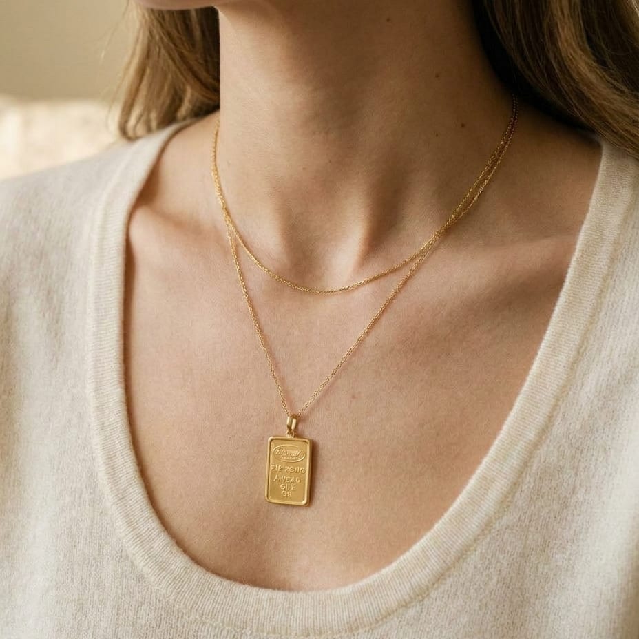 18K Yellow Gold Chain with 5 Gram Gold Bar Pendant, 18 Inch, worn close-up portrait
