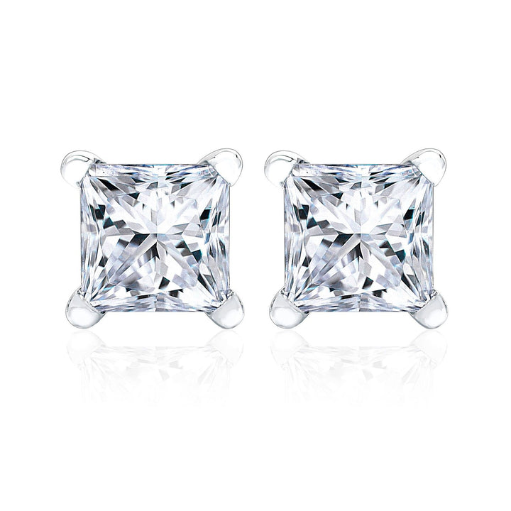 Natural Diamond Princess Cut Four Prong Stud Earrings in 14K White Gold – front view | RockHer