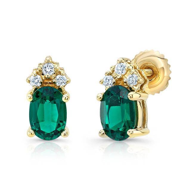 Created Emerald Round Brilliant Stud Earrings in 14K Yellow Gold | RockHer