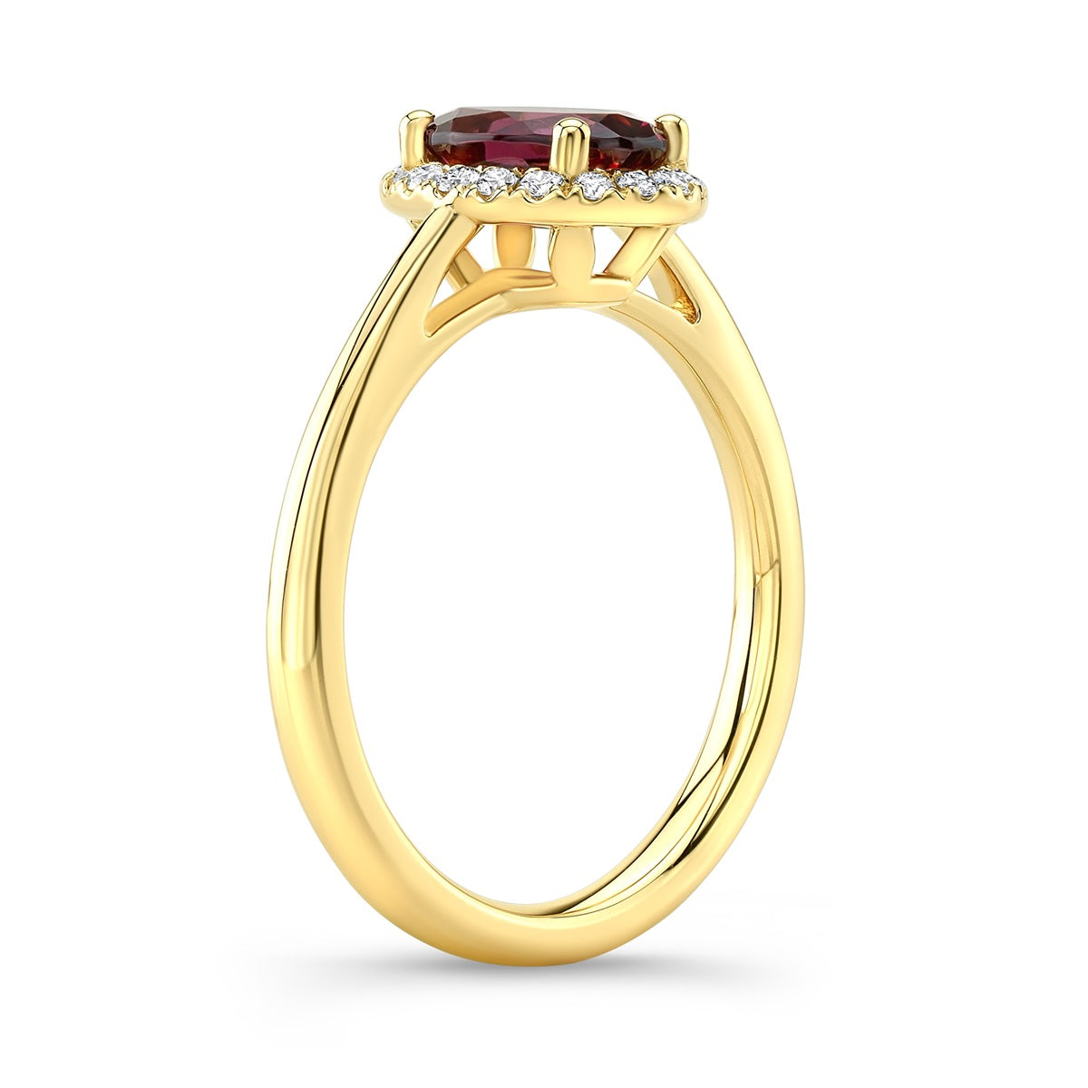 Rhodolite Garnet and Diamond Oval Halo Ring in 14k Yellow Gold 0.14ctw – detail view | RockHer