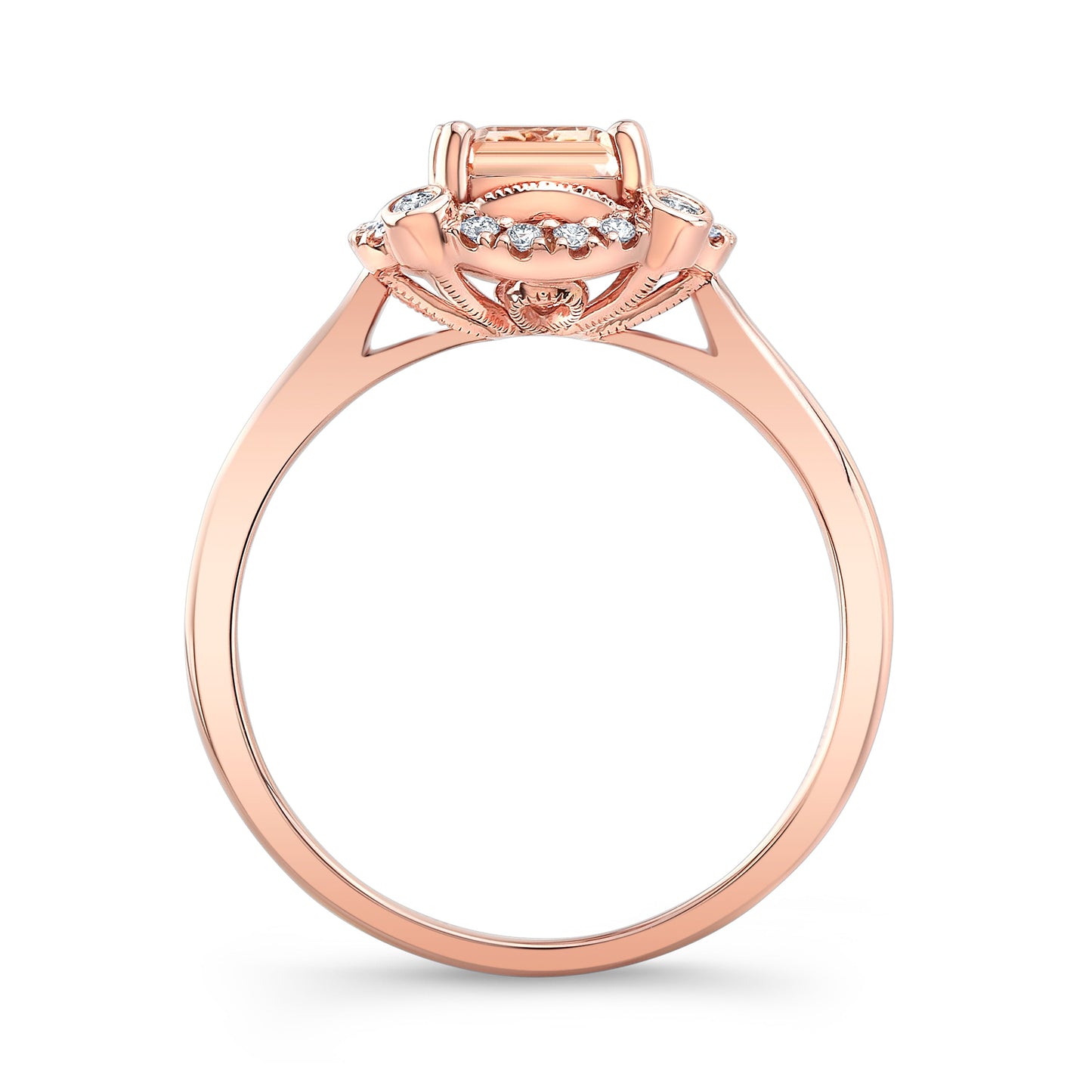 Emerald Cut Morganite Scalloped Framed Ring 14k Rose Gold 0.14ctw – side profile | RockHer
