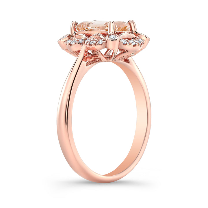 Emerald Cut Morganite Scalloped Framed Ring 14k Rose Gold 0.14ctw – side profile | RockHer