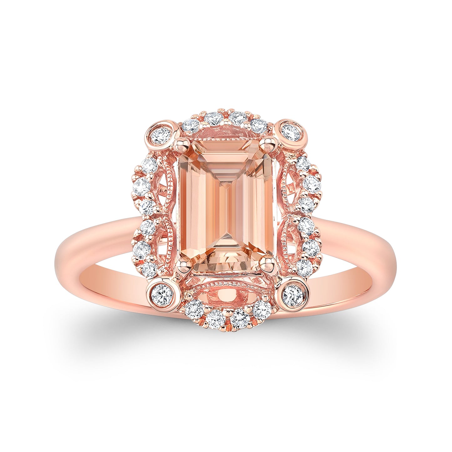 Emerald Cut Morganite Scalloped Framed Ring 14k Rose Gold 0.14ctw – top view | RockHer
