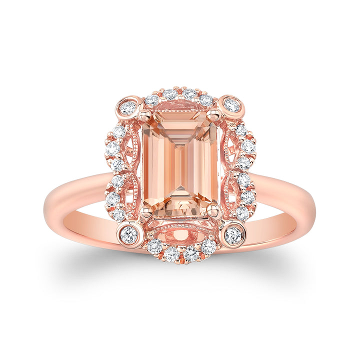 Emerald Cut Morganite Scalloped Framed Ring 14k Rose Gold 0.14ctw – top view | RockHer