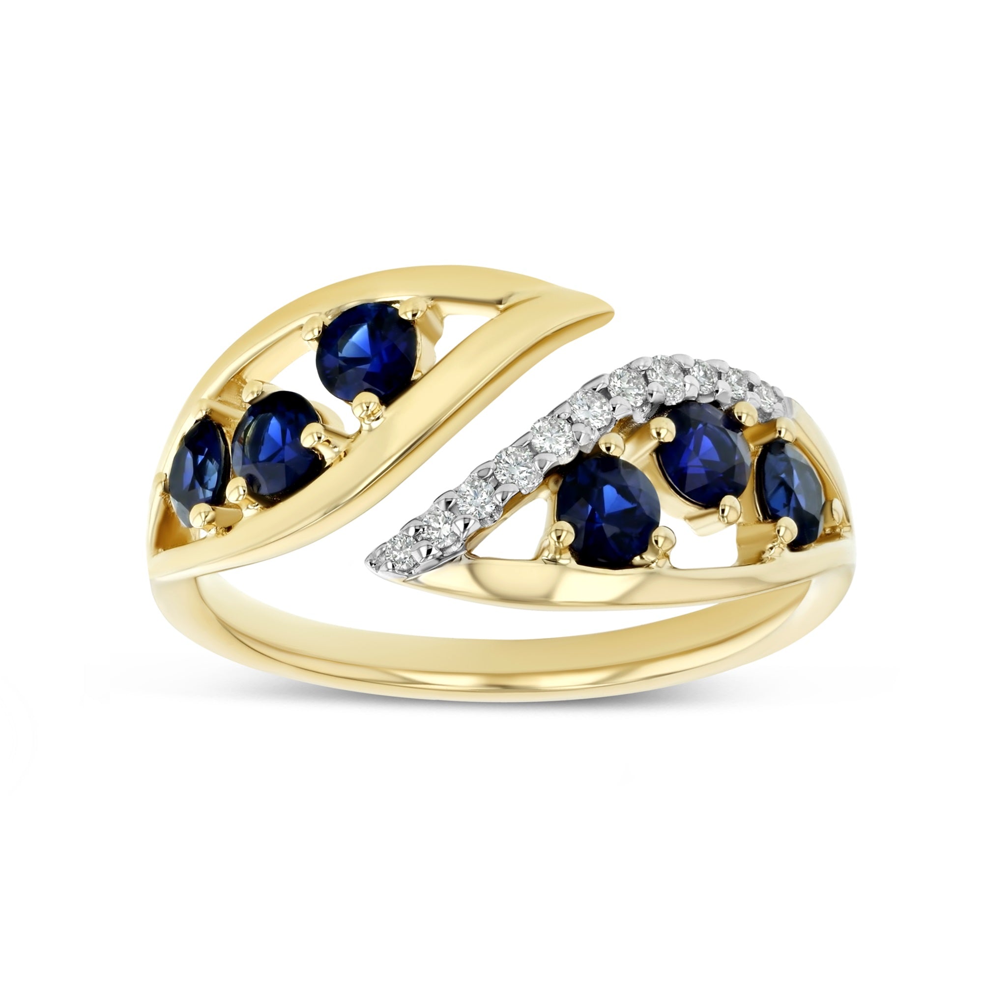 Sapphire and Diamond Open Shank Bypass Leaf Ring, in 14K Yellow Gold | RockHer