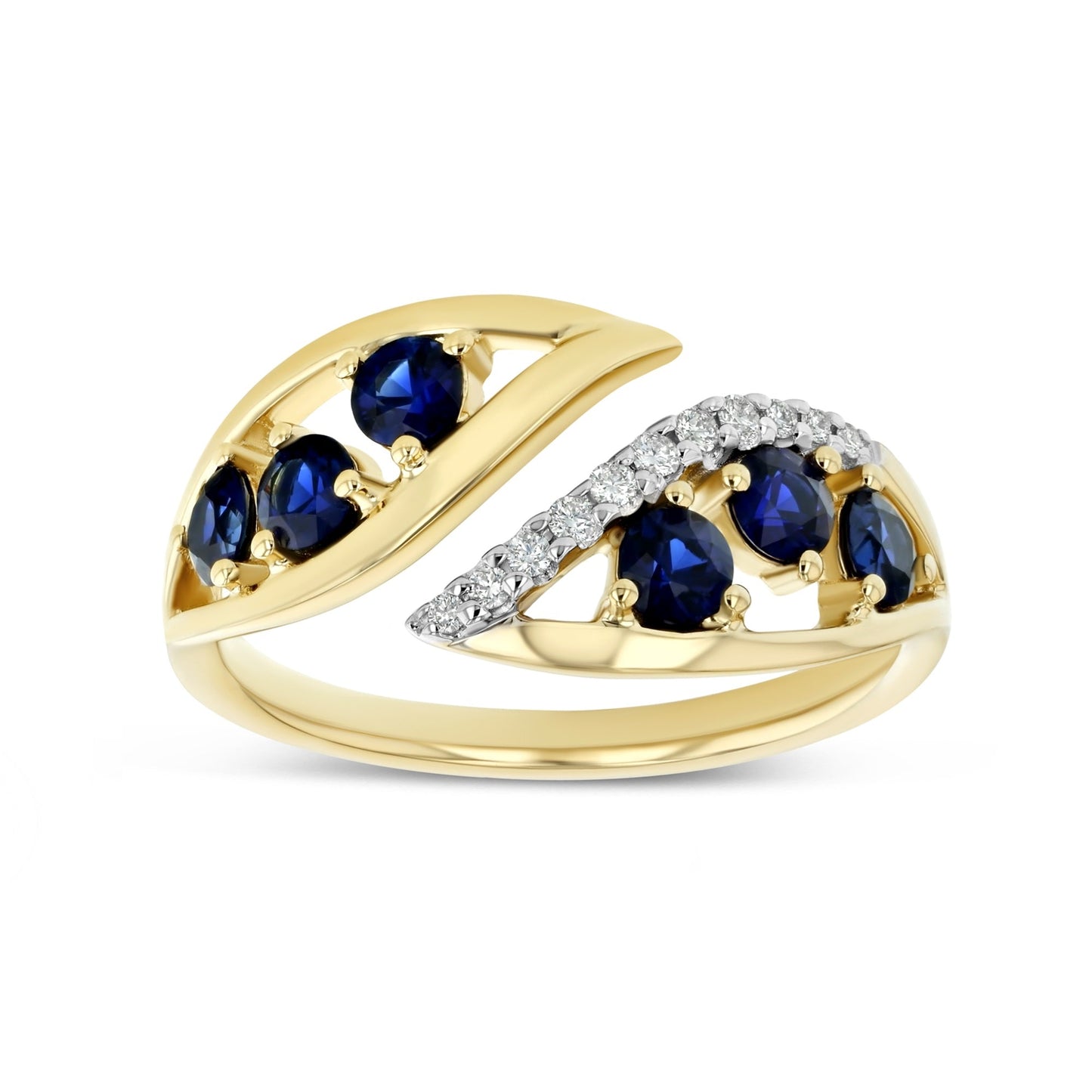 Sapphire and Diamond Open Shank Bypass Leaf Ring, in 14K Yellow Gold | RockHer