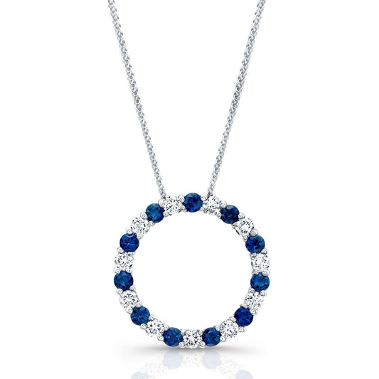 Sapphire And Diamond Circle Pendant In 14k White Gold 17-inch Chain