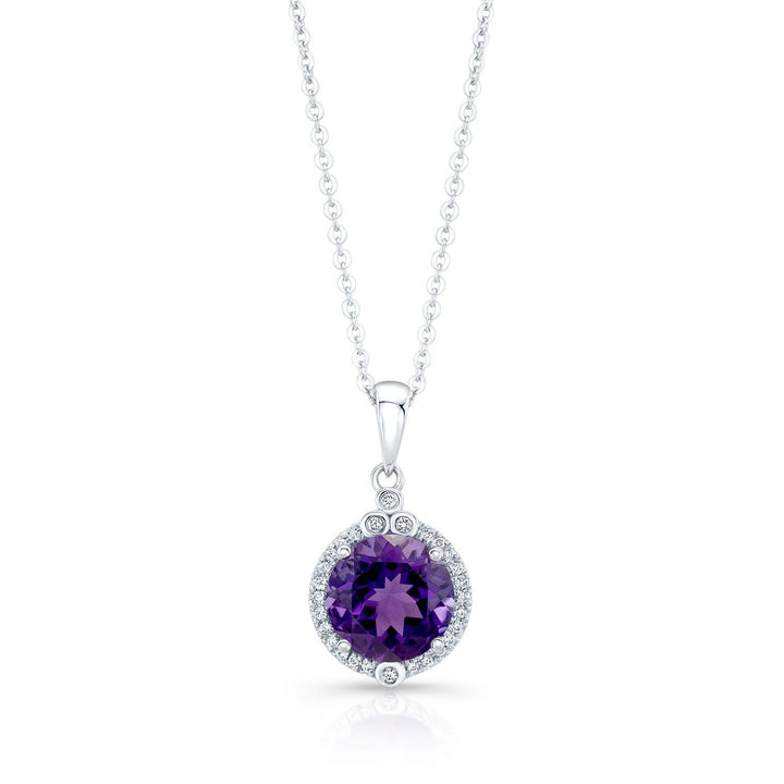 Amethyst Round Brilliant Halo Pendant in 14K White Gold – front view | RockHer