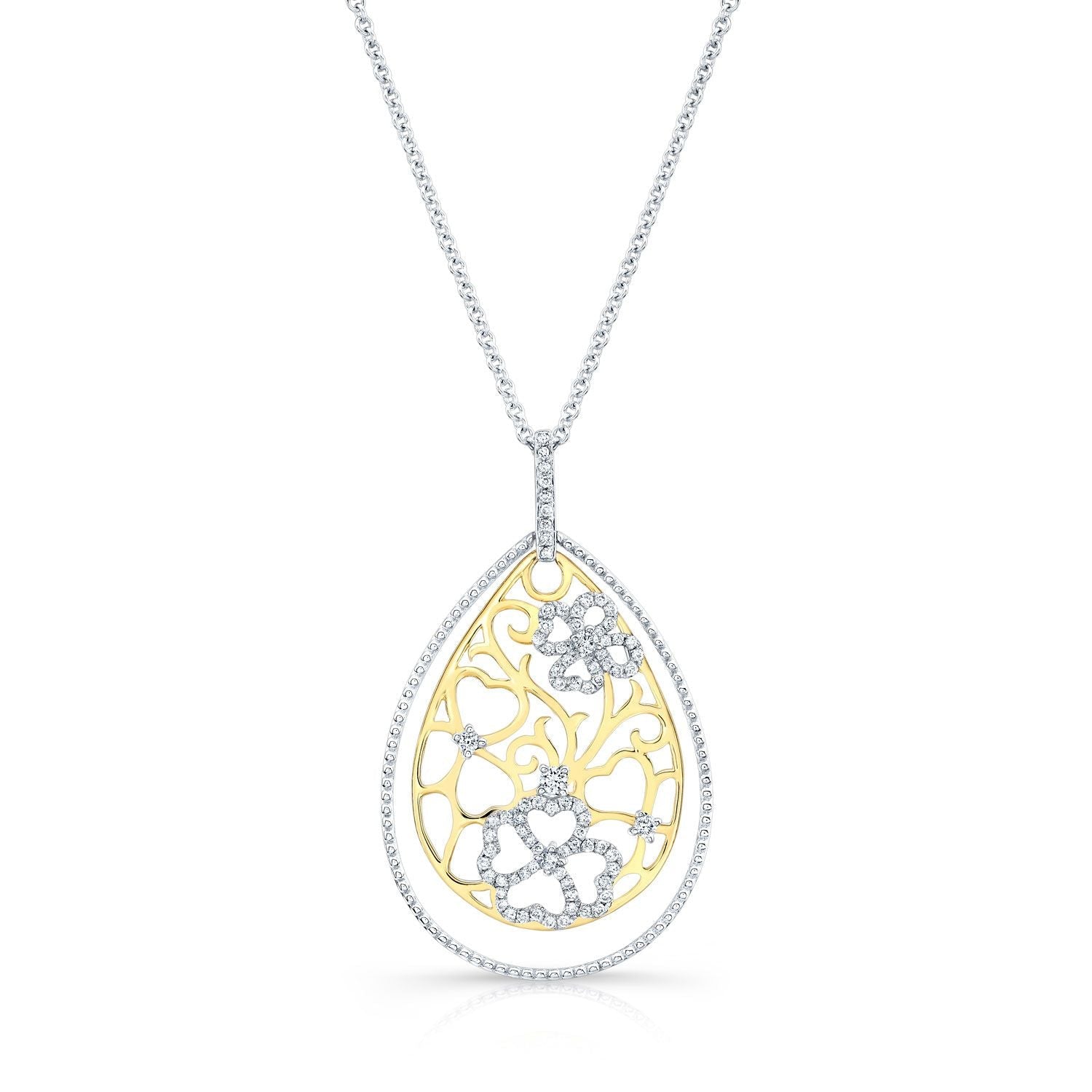 Diamond Tear Drop Scrolled Lattice Pendant In 14k Yellow And White Gold