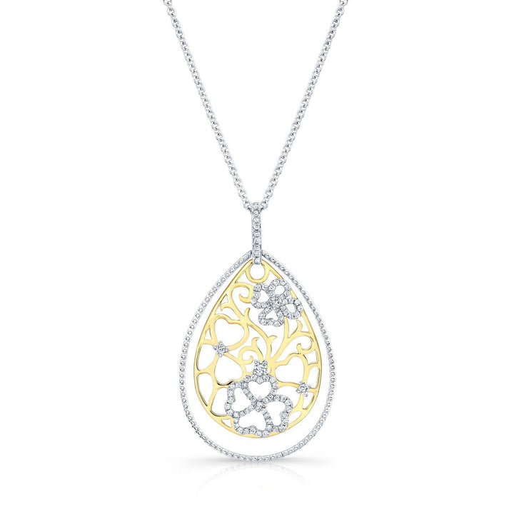 Diamond Tear Drop Scrolled Lattice Pendant In 14k Yellow And White Gold – front view | RockHer