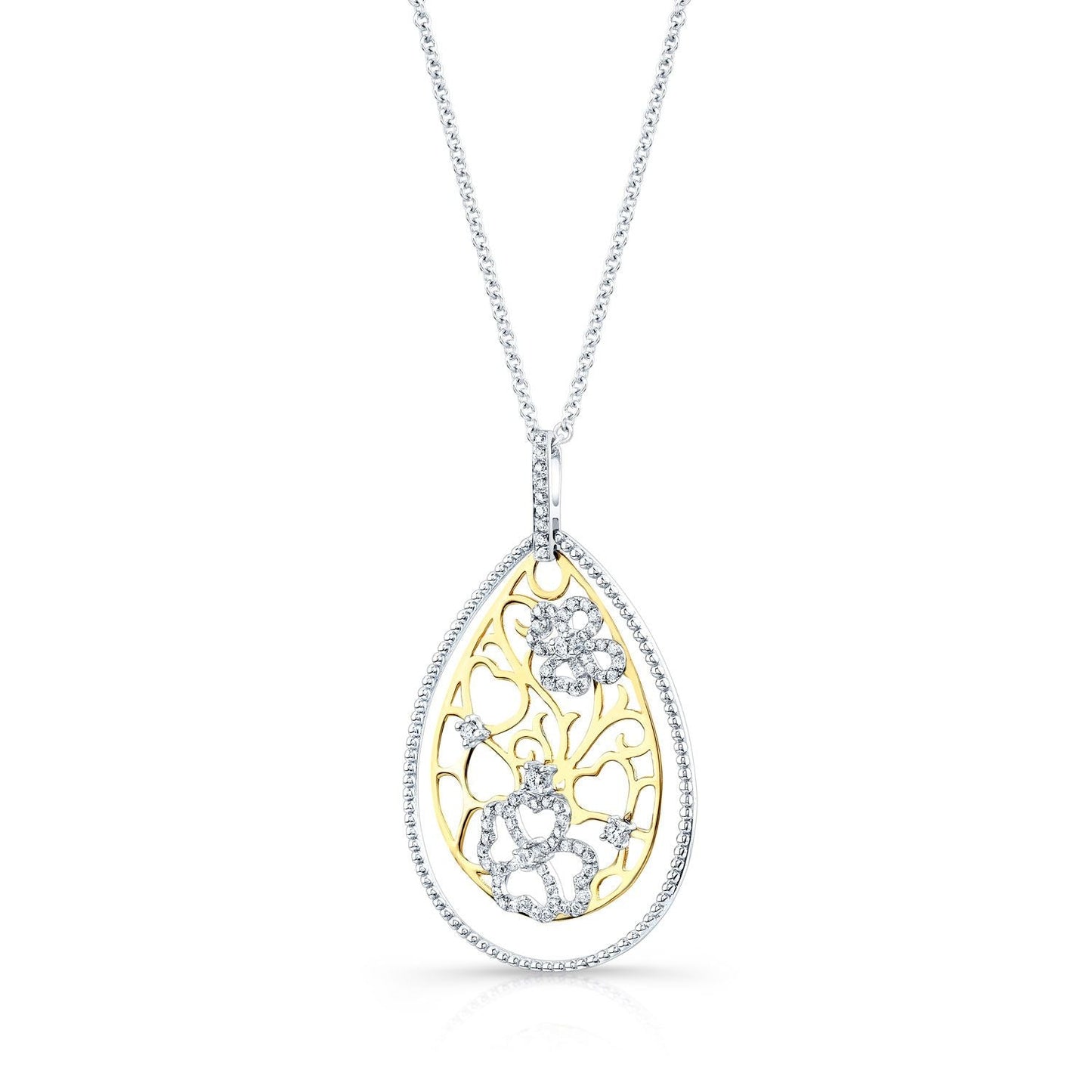 Diamond Tear Drop Scrolled Lattice Pendant In 14k Yellow And White Gold