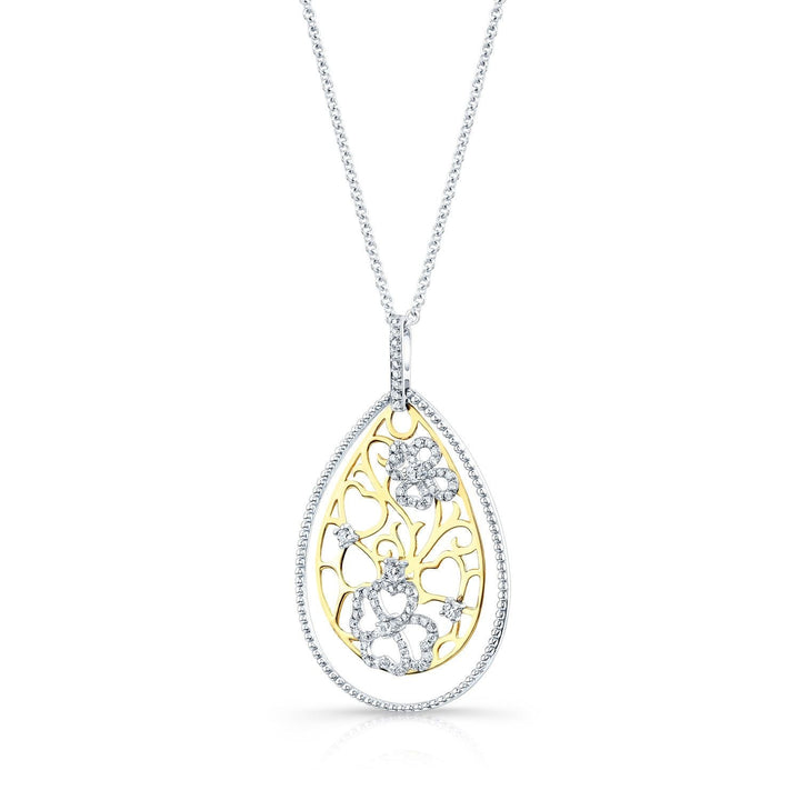 Diamond Tear Drop Scrolled Lattice Pendant In 14k Yellow And White Gold