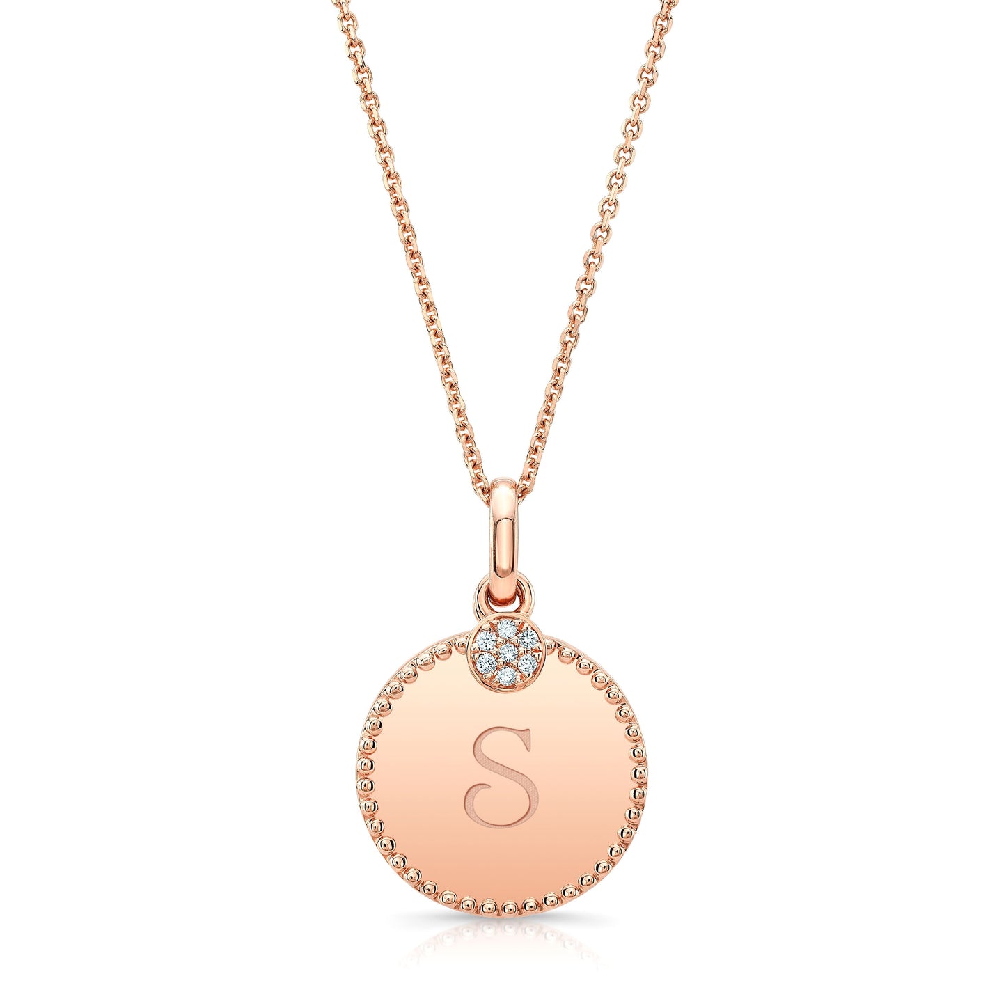 จี้แผ่นตัวอักษร "m" ประดับเพชรในทองกุหลาบ 14k สายสร้อย 16-17 นิ้ว