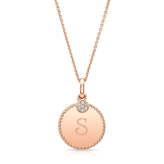 จี้แผ่นตัวอักษร "m" ประดับเพชรในทองกุหลาบ 14k สายสร้อย 16-17 นิ้ว