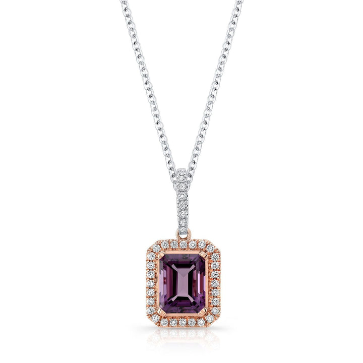 Amethyst And Diamond Emerald-cut Halo Pendant In 14k Two Tone Gold (8x6mm Center) – front view | RockHer