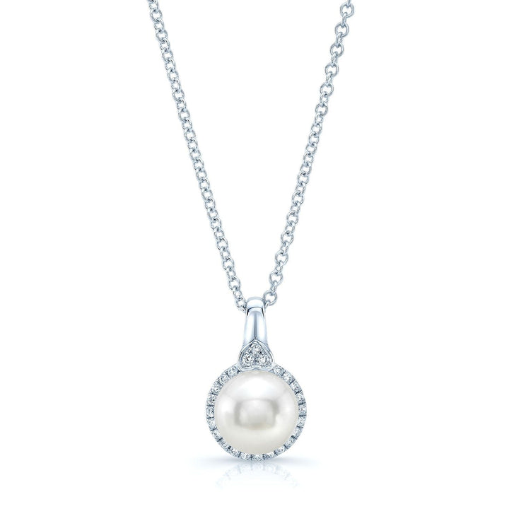 Freshwater Pearl Pear Shape Halo Pendant in 14K White Gold – front view | RockHer