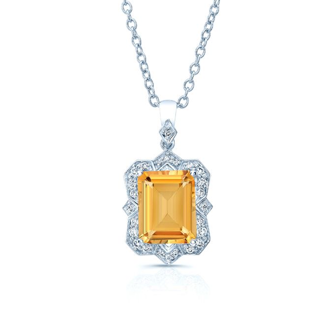 Citrine Emerald Cut Pendant in 14K White Gold – front view | RockHer