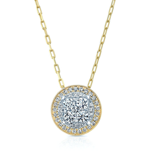 Round Diamond Halo Cluster Pendant In 14k Two Tone Gold (5/8 Ct.tw.)