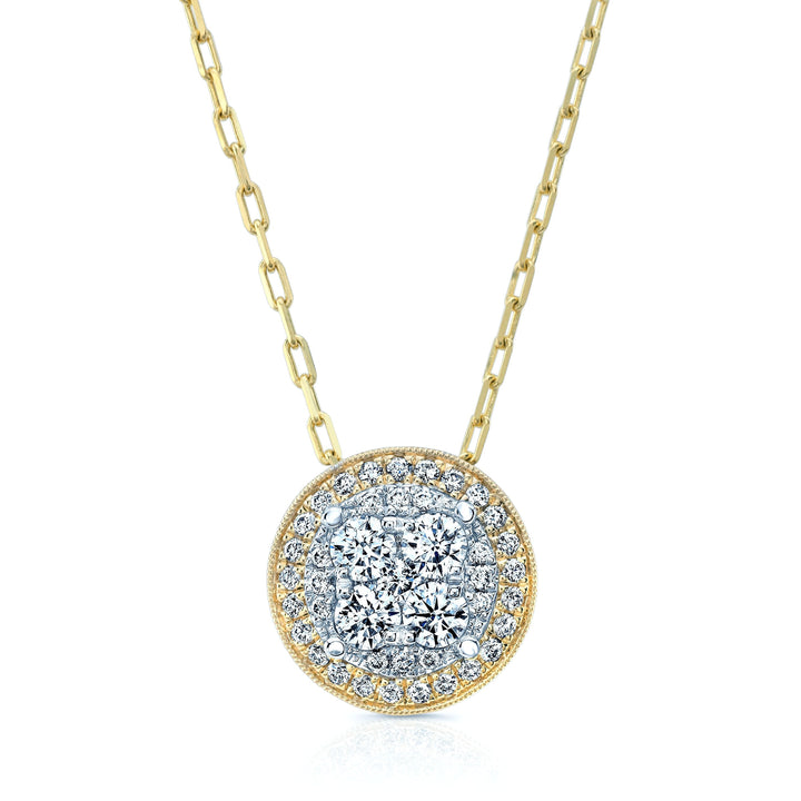 Round Diamond Halo Cluster Pendant In 14k Two Tone Gold (5/8 Ct.tw.) – front view | RockHer