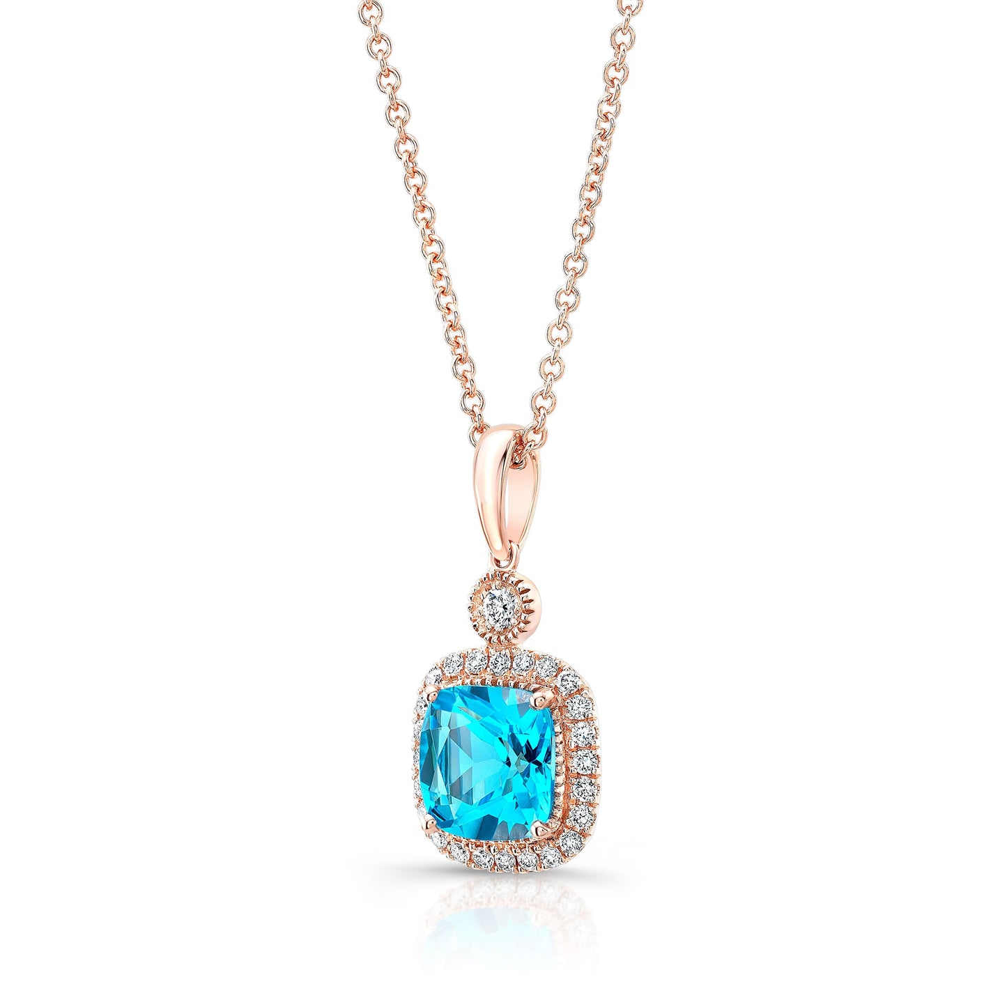 จี้ทรงหมอนบลูโทแพซและฮาโลเพชรในทองกุหลาบ 14k