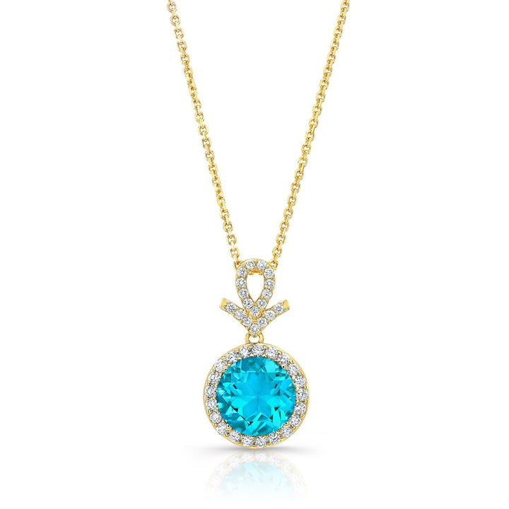 Swiss Blue Topaz Halo Pendant in 14K Yellow Gold – front view | RockHer