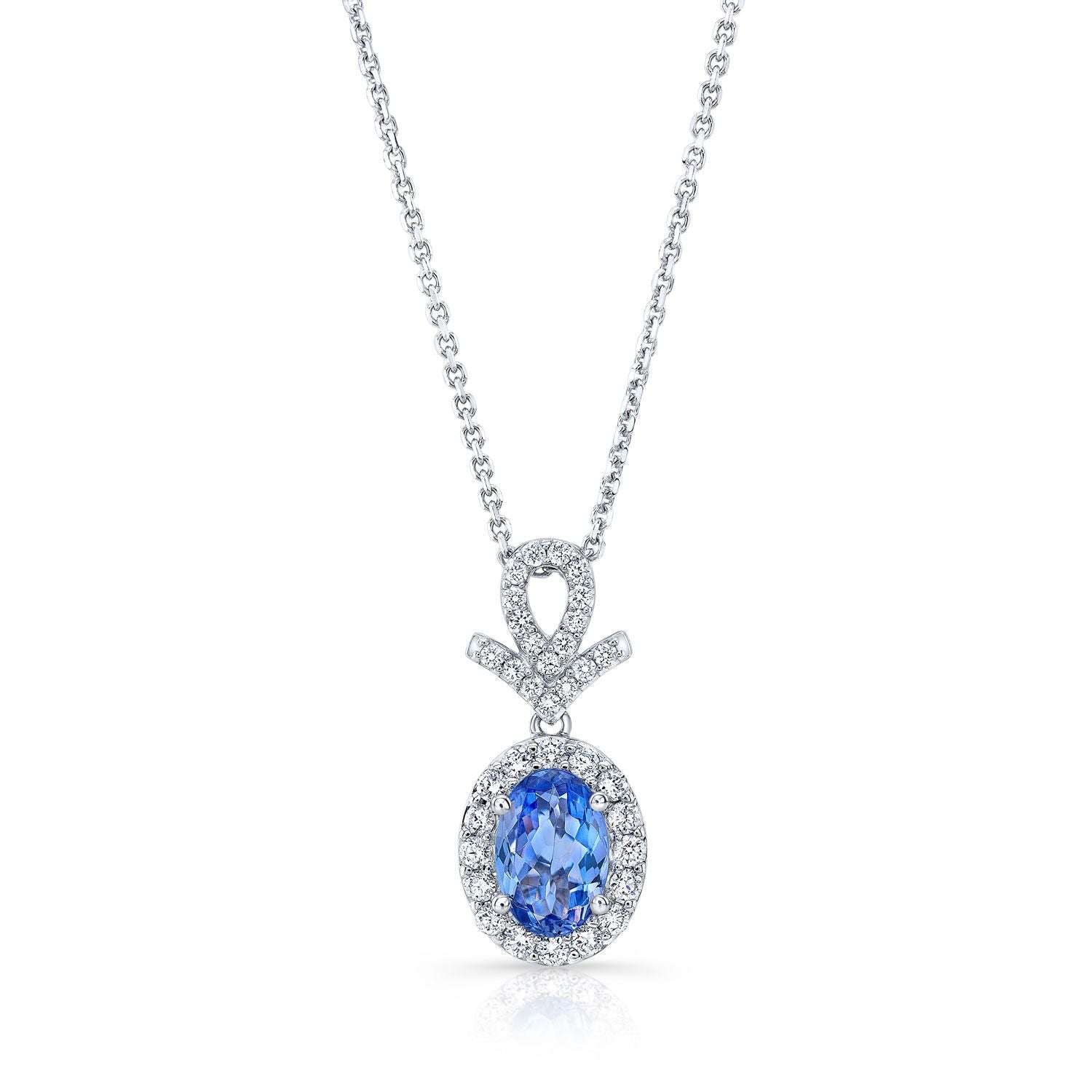 Tanzanite Oval And Pave Diamond Halo Pendant In 14k White Gold