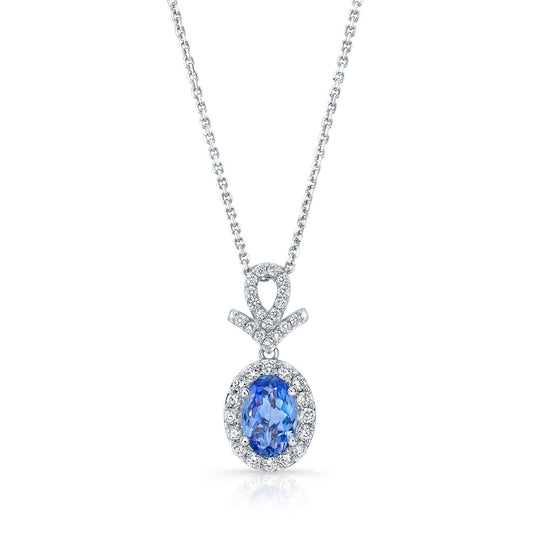 Tanzanite Oval And Pave Diamond Halo Pendant In 14k White Gold