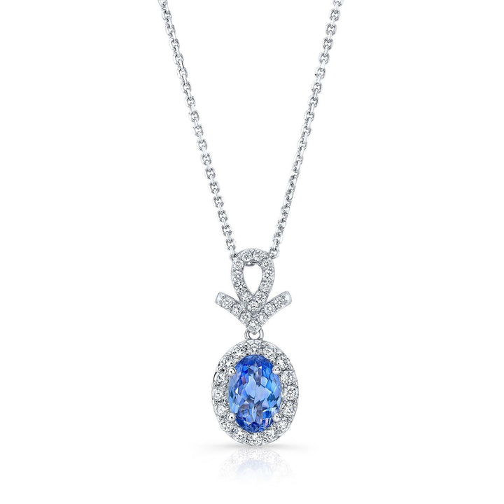 Sapphire Oval Halo Pendant in 14K White Gold – front view | RockHer