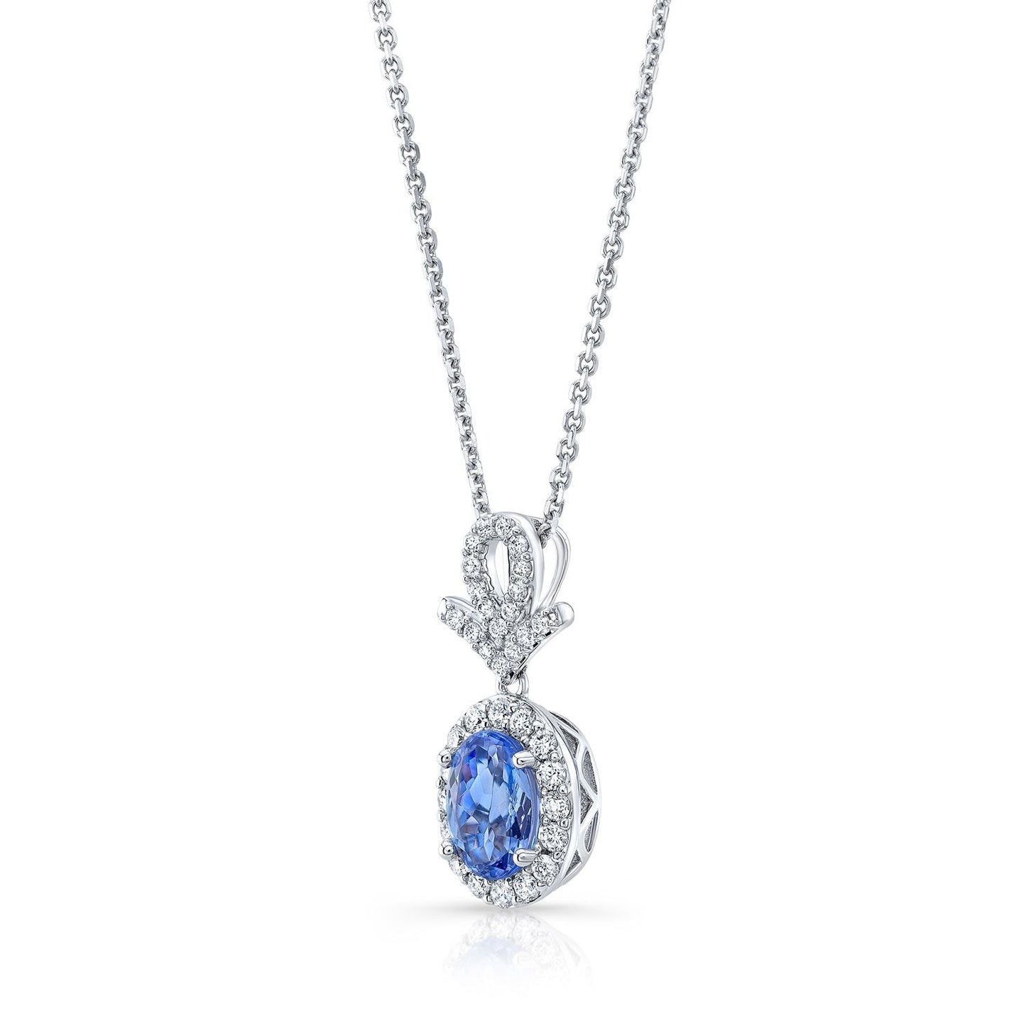 Tanzanite Oval And Pave Diamond Halo Pendant In 14k White Gold