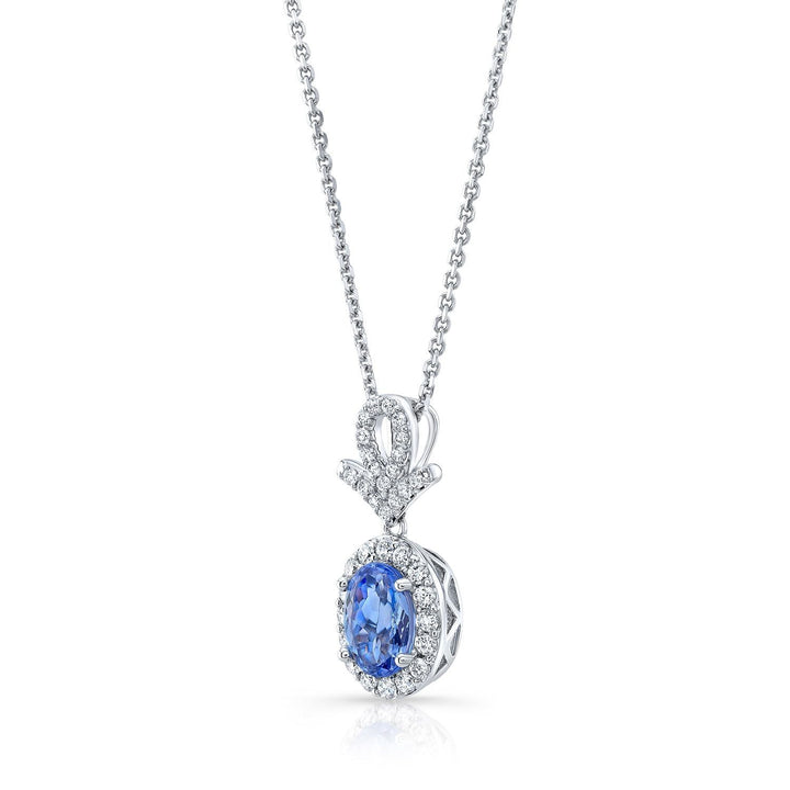 Sapphire Oval And Pave Diamond Halo Pendant In 14k White Gold