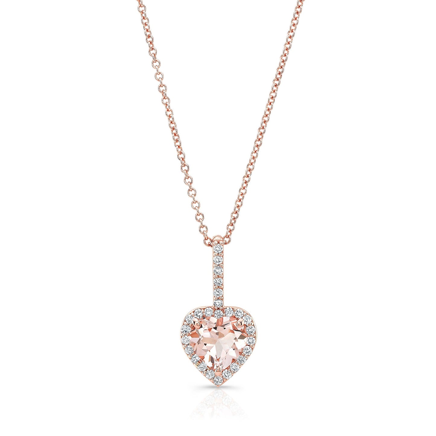Morganite and Diamond Halo Heart Pendant in 14k Rose Gold 0.24ctw – front view | RockHer